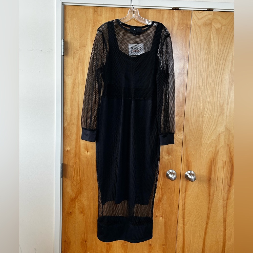 Mesh Overlay Long Sleeve Midi Dress - Black